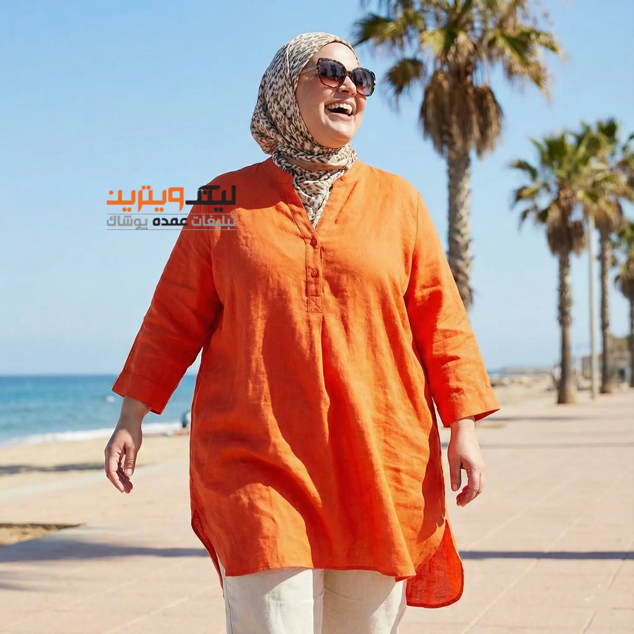 تونیک سایز بزرگ نخی عمده | دختری با تونیک ساحلی نارنجی زیبا | تونیک سایزبزرگ زیبا | تونیک نخی نارنجی سایزبزرگ